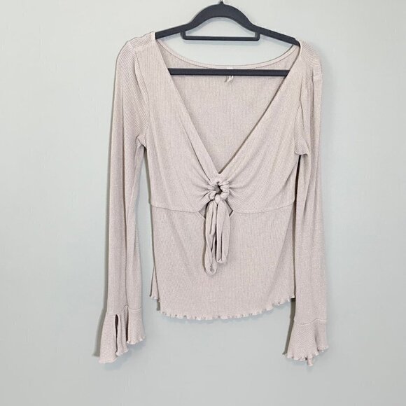 Free People metallic waffle knit tie front deep v-neck long sleeve top - Picture 2 of 12